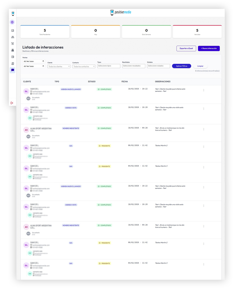 Commercial CRM interactions list: type, status, date and notes for each client contact