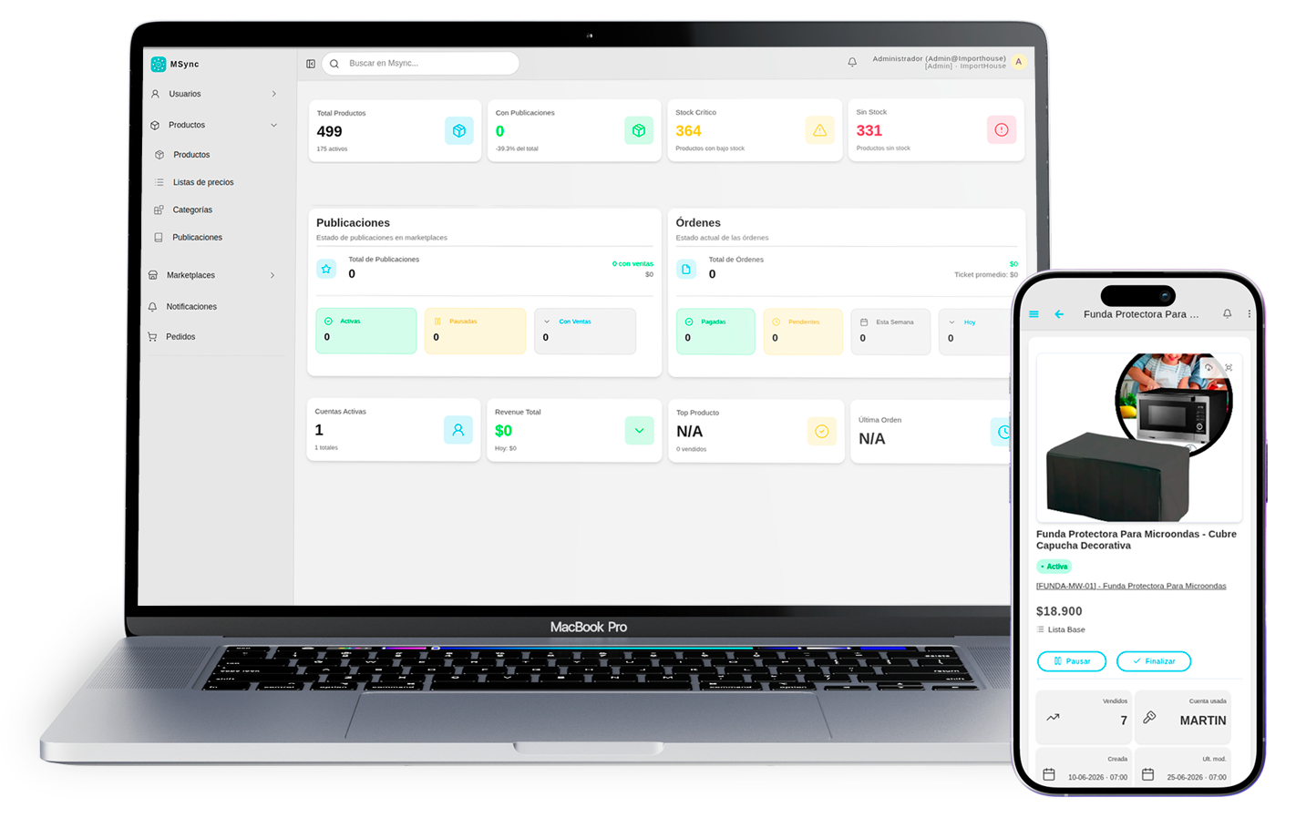 Sincro Tiendas dashboard: products, listings and orders in one place, on desktop and mobile